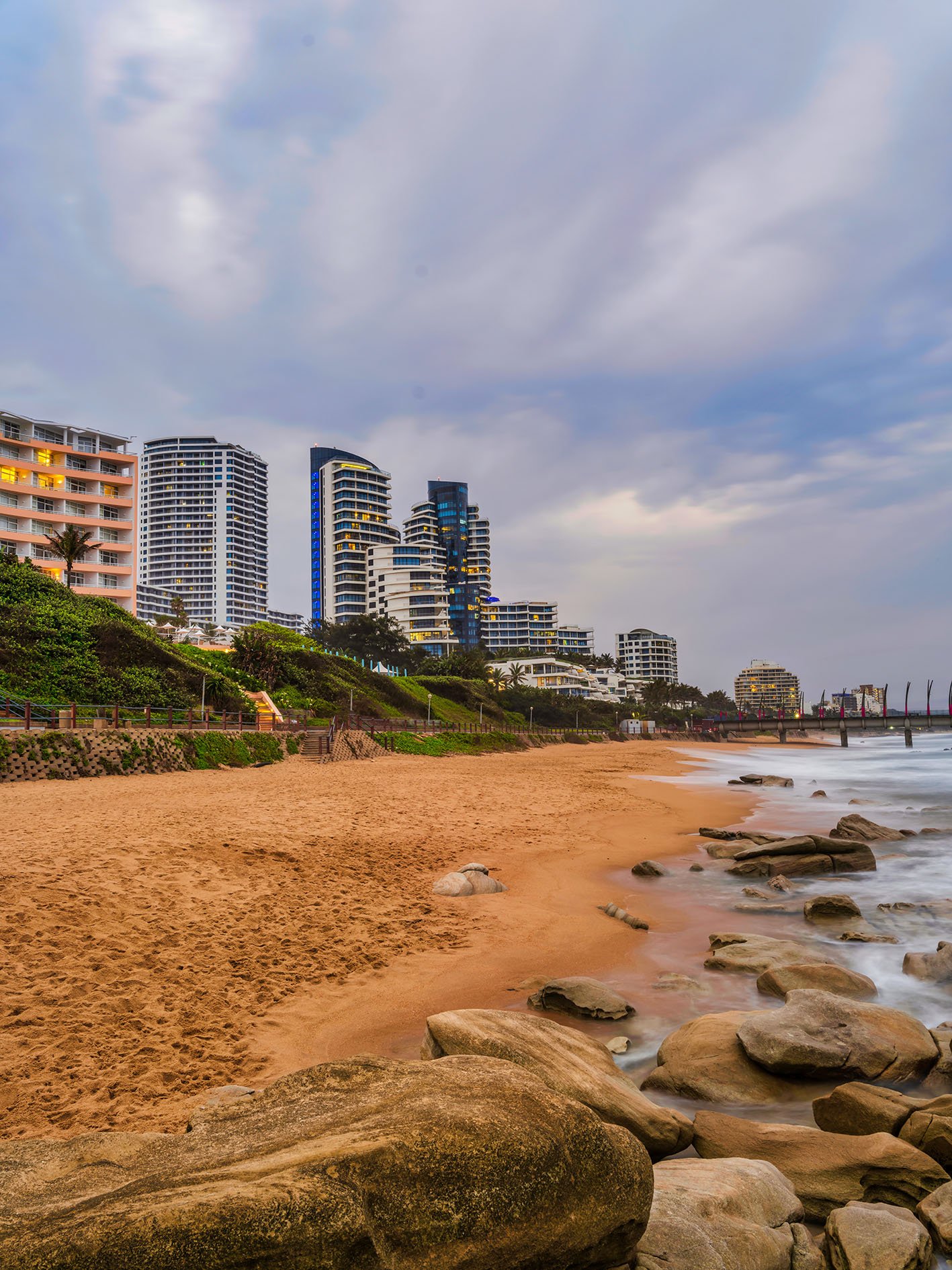 uMhlanga beach and seaside buildings during sunset in KwaZulu-Natal, South Africa